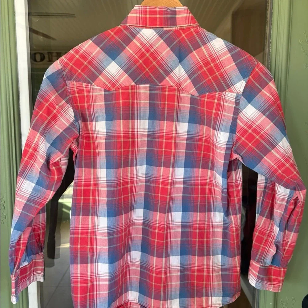Kid’s Wrangler Retro Red White & Blue Plaid Pearl Snap Button-Down Shirt - Picture 5 of 6